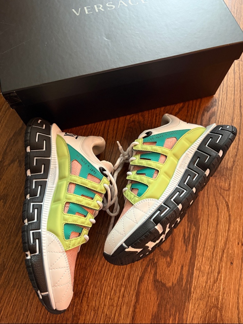 Versace Lime Green Teal Pink Greek Key Sneakers NWT dust bag and box - Picture 9 of 10